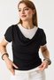 Black Two-Color Degaje Collar Short-Sleeved Comfortable Fit Draped Detailed Knitted T-Shirt - 2