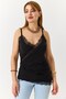 Black Sandy Fabric Thin Straps Double Breasted Collar Guipure Detailed Slim Fit Stretchy Textured Blouse