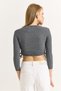Gray Corduroy Textured Crew Neck Long Sleeve Cropped Blouse with Drawstrings on the Sides and Flexible Fit - 4