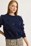 Navy Blue Three-Threaded, Stretchy Textured Crew Neck Sweatshirt with Ribbon Detail
