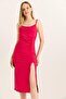 Red Sandy Fabric Dress with Rope Straps, Degaje Collar, Drawstring Detail, Side Slit - 4