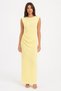 Yellow Seersucker Fabric Wide Collar Zero-Sleeve Maxi Length Draped Dress with Slit Detail at the Back