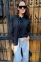 Black Woven Fabric Shirt with Collar, Long Sleeves, Relaxed Fit, and Tie Detail on the Front. - 6