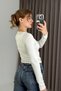 White Stretchy Textured V-Neck Long Sleeve Slim Fit Knitted Blouse with Gathered Detail on the Front - 3
