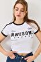 White Cotton Blend Crew Neck Short Sleeve Crop Form T-Shirt with Front Print Detail - 3