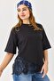 Black Stretchy Textured Crew Neck Short Sleeve T-Shirt with Double Form Hem and Lace Detail - 2