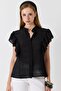 Black Woven Fabric High Collar Relaxed Fit Blouse with Ruffle Detail on the Shoulders and Front Buttons
