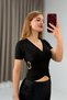 Black Stretchy Sandy Fabric Double-Breasted Collar Short Sleeve Blouse with Side Buckle Detail and Modern Cut - 4