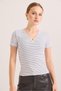 White Cotton Stretchable Camisole Fabric V-Neck Detailed Short Sleeve Striped Knitted Blouse