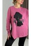 Pink Stretchy Textured Crew Neck Oversize Long Sleeve Women's Figured Printed Side Slit T-Shirt - 2