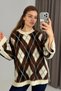 Brown Stretchy Textured Crew Neck Oversize Sweater with Mini Slits on the Sides and Diamond Pattern Knitwear
