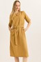 Mustard Woven Linen Dress with Crew Neck, Side Slits, Pockets and Belt Detail, Relaxed Fit - 6