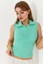 Water Green Camisole Knitted Fabric Polo Collar Zero Sleeve Basic Slim Fit Ribbed Blouse - 3