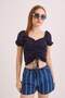 Navy Blue Cotton Blend Princess Sleeve Square Neck Front Gathered Slim Fit Patterned Blouse