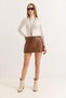Tan Faux Leather High Waist Skirt with Stitching Detail, Practical and Comfortable Cut, Mini Skirt with Shorts