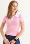 Pink Cotton Fabric Polo Collar Short Sleeve Button Detailed Striped Pattern Knitted T-Shirt - 2