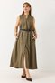 Khaki Stretchy Textured High Neck A-Line Leather Belt Detailed Sleeveless Buttoned Dress
