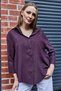 Plum Satin Suede Soft Textured Shirt with Collar Oversized Striped Buttoned Shirt - 6