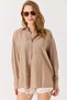 Brown Muslin Fabric Off-Shoulder Oversize Relaxed Fit Basic Buttoned Long Sleeve Shirt - 4