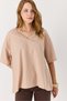 Milky Brown Stretchy Fabric V-Neck Oversize Loose Fit Comfortable Textured Blouse - 2