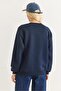Navy Blue Three-Thread Embroidered Crew Neck Regular Fit Deer Embroidered Woven Sweatshirt - 6