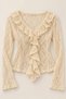 Cream Stretchy Lace Fabric V-Neck Long Sleeve Slim Fit Blouse with Ruffle Detail