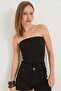 Black Cotton Flexible Textured Strapless Neckline Slim Fit Basic Piece Knitted Blouse - 2