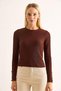 Brown Corded Stretchy Textured Crew Neck Long Sleeve Blouse with Button Detail at Ankle - 5