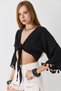 Black Ayrobin Linen Textured Sleeves with Rope Detail and Tie Flexible Fit Crop Blouse - 3