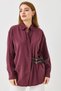 Burgundy Stretch Fabric Shirt with Collar, Long Sleeves, Low Shoulder, Self-Belt Detail