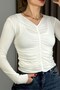 White Stretchy Textured V-Neck Long Sleeve Slim Fit Knitted Blouse with Gathered Detail on the Front - 2