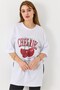 White Knitted Fabric Crew Neck Double Sleeve Loose T-Shirt with Slits on the Sides and Cherry Print - 3