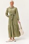 Green Woven Fabric Half Buttoned Belted Waist Long Sleeve Shirt Collar Layered Cut Dress - 4