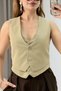 Mink Fabric Textured V-Neck Double-Look Crop Form Sleeveless Vest with Button Detail - 3