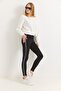 Black Stretchy Textured High Waist Slim Fit Leggings with Silver Glitter Stone Stripe Detail for Comfort - 7