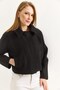 Black Cashmere Fabric Wide Collar Comfortable Fit Cropped Form Buttoned Pocketed Long Sleeve Jacket - 3