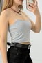 Gray Stretchy Textured Thin Rope Strap Round Neck Slim Fit Modern Casual Crop Blouse - 3