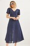 Navy Blue Linen Textured V-Neck Waist-Tied Button Detailed Short Balloon Sleeve Dress - 4