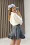 Anthracite Linen Textured Lined Comfortable Cut Skirt with Ruffle Detail and Side Zipper - 4