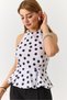 White Woven Fabric Halter Neck Balloon Form Polka Dot Patterned Sleeveless Blouse - 4