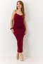 Burgundy Sandy Fabric Strap Backless Dress with Guipure Detail and Draped Slim Fit