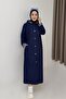 Navy Blue Woven Fabric Hooded Long Sleeve Straight Cut Cross Pocket Buttoned Cap