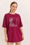 Burgundy Cotton Single Jersey Crew Neck Comfortable Fit T-Shirt with Print and Embroidery Detail Short Sleeves