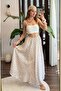 Cream Woven Fabric Skirt with Elastic Waist, Lined Inside, Loose Cut, Long Polka Dot Patterned Skirt