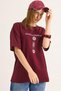 Burgundy Cotton Blend Crew Neck Short Sleeve Relaxed Fit T-Shirt with Front Text Print