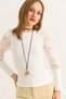 Ecru Cotton Blend Crew Neck Design with Tulle Detail on the Sleeves Slim Fit Knitted Blouse - 4