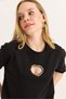 Black Cotton Fabric Crew Neck Short Sleeve Heart-Cut Stone Embroidered Detailed T-Shirt - 3