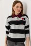 Gray Black Knitted Fabric Polo Collar Drop Shoulder Heart Embroidered Striped Long Sleeve Knitwear Sweater