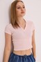 Powder Camisole Knitted Fabric Polo Collar Short Sleeve Basic Slim Fit Crop Blouse - 4