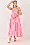 Pink Stretchy Textured Thick Strap Square Neck Gipeli Layered Detailed Wide Cut Dress - 5
